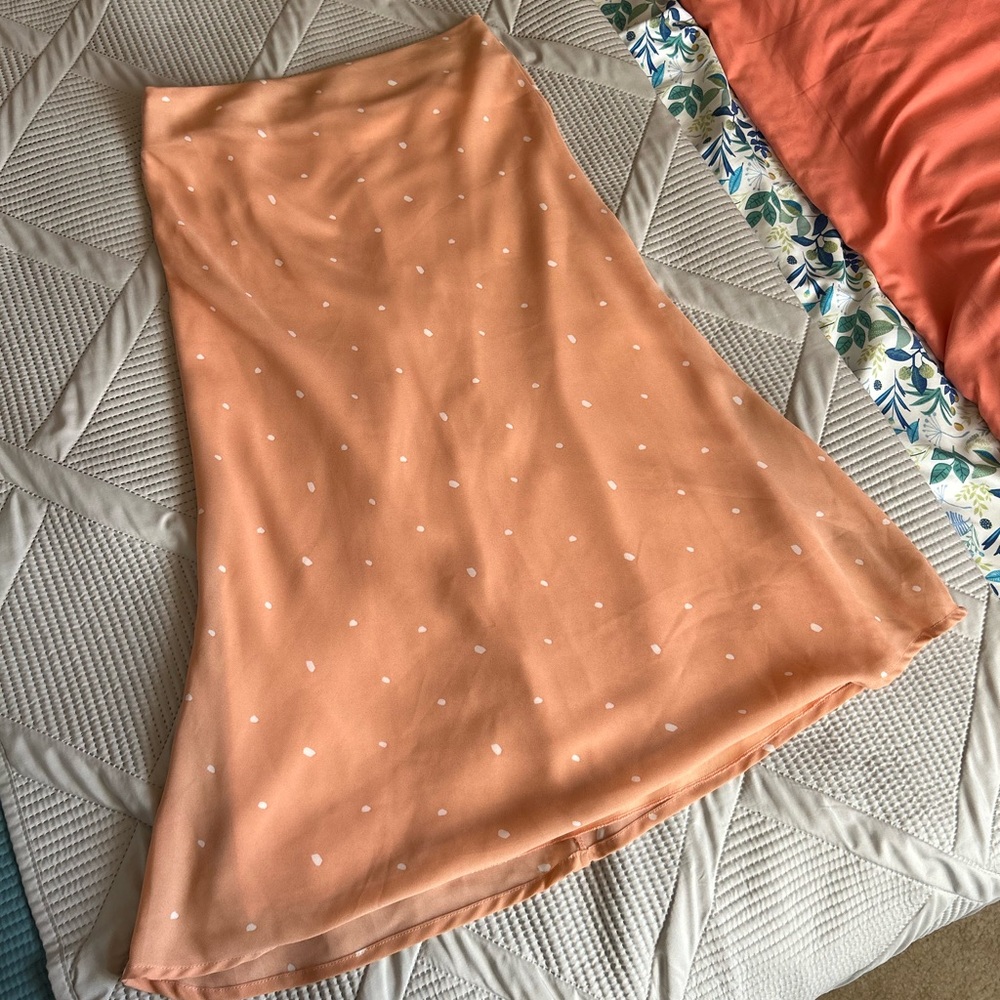 Francesca's Collections Peach A-Line Skirt with White Dots. Small. Back zipper.